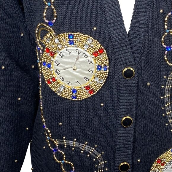 Vintage Contessa Visconte Pocket Watch Cardigan Sweater Size L Beaded Festive - Picture 3 of 7